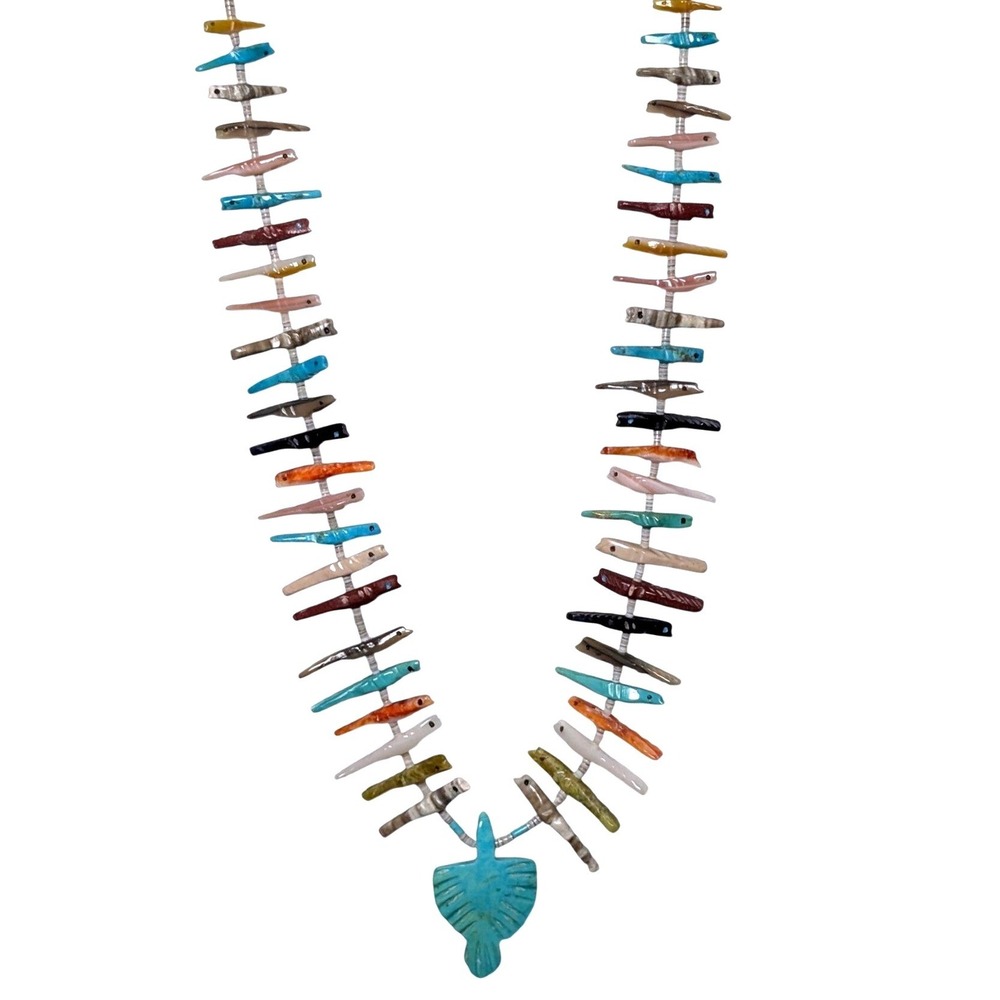 Livingston Yazzie Vintage 1970s Fetish Necklace Turquoise Coral MOP Jet Sterling